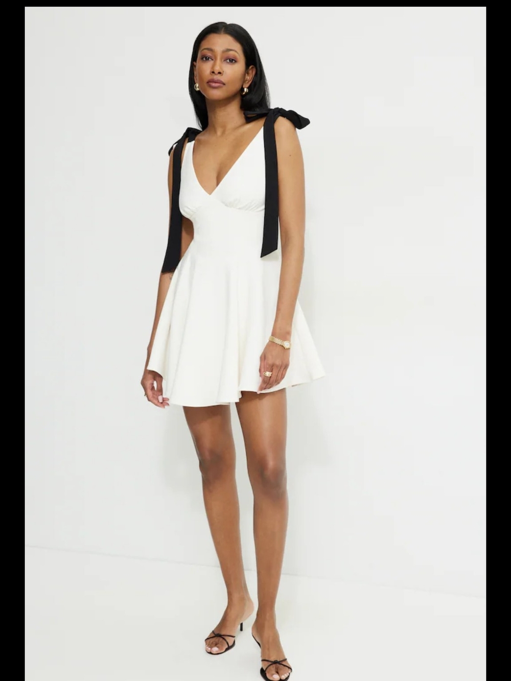Dynamite White Tie-Shoulder V-Neck Skater Dress with Black Straps